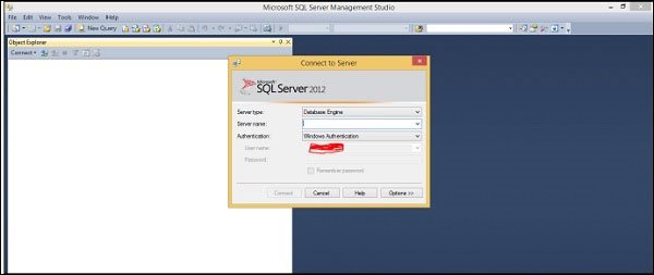 Giao diện MS SQL Server Management Studio khi mở lên 