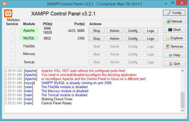 Hình 3. Cửa sổ làm việc Xampp Control Panel