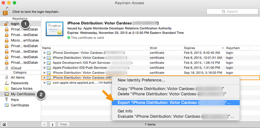 Trên máy Mac của bạn, khởi chạy Keychain Access, chọn mục nhập chứng chỉ và nhấp chuột phải vào mục đó để chọn "Xuất".