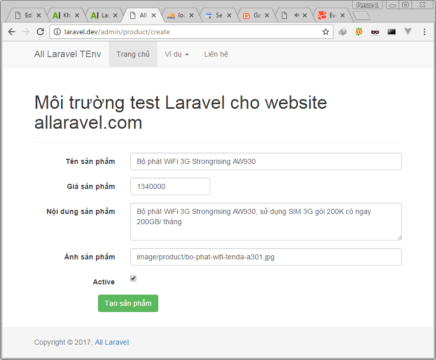 Phần nhập sản phẩm trong ví dụ sử dụng Laravel Event