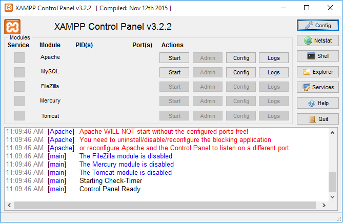 XAMPP Control Pannel