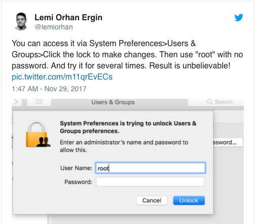 Lemi Orhan Ergin đăng trên Twitter về lỗi bảo mật đăng nhập vào Mac OS không cần mật khẩu