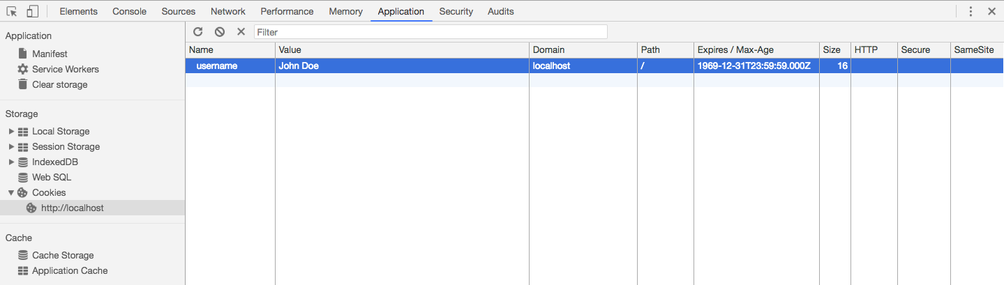 Kiểm tra Cookie trên Developer Tools của trình duyệt Chrome sau khi tạo