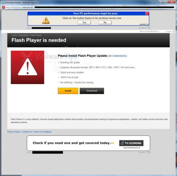 Chiến dịch lây lan virus qua cảnh báo hết hạn của phần mềm Adobe Flash Player