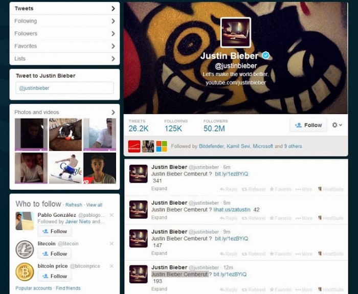 Tài khoản Twitter của ca sĩ Justin Bieber bị tấn công