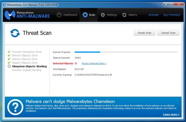 [Image: Malwarebytes Anti-Malware while performing a scan]