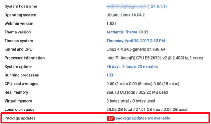 Webmin shows the number of updates available