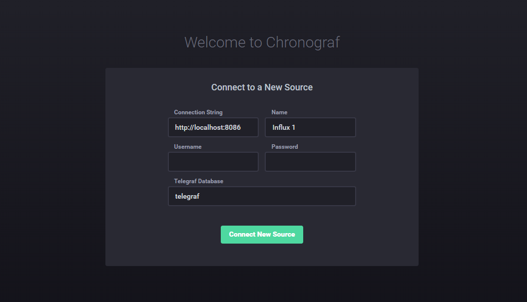 The Chronograf welcome screen with fields to connect to a data source