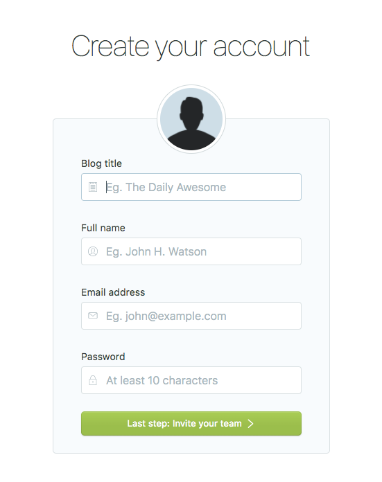 Create account screen