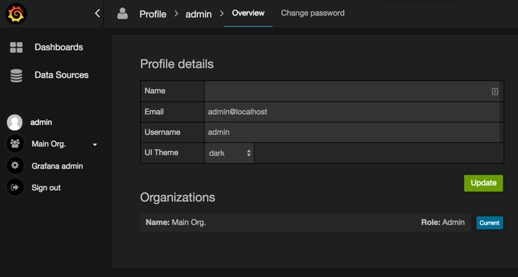 Grafana Admin Profile Configuration Page