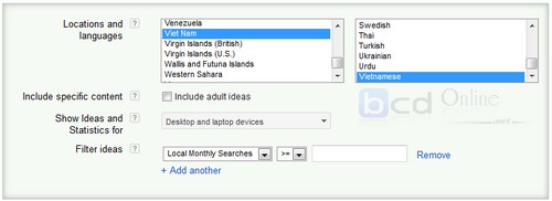 Chọn quốc gia, ngôn ngữ google keyword tool