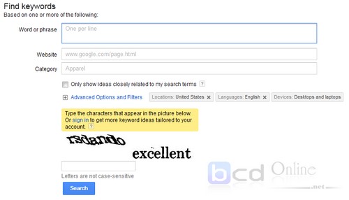 Giao diện tìm kiếm từ khóa google keyword tool