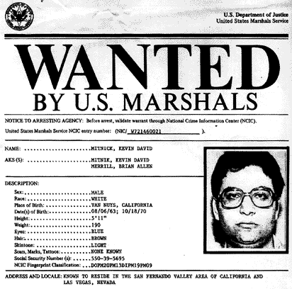 Kevin Mitnick FBI wanted poster