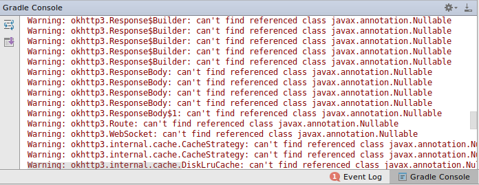 Build output khi build project có phụ thuộc OkHttp 3.8.0