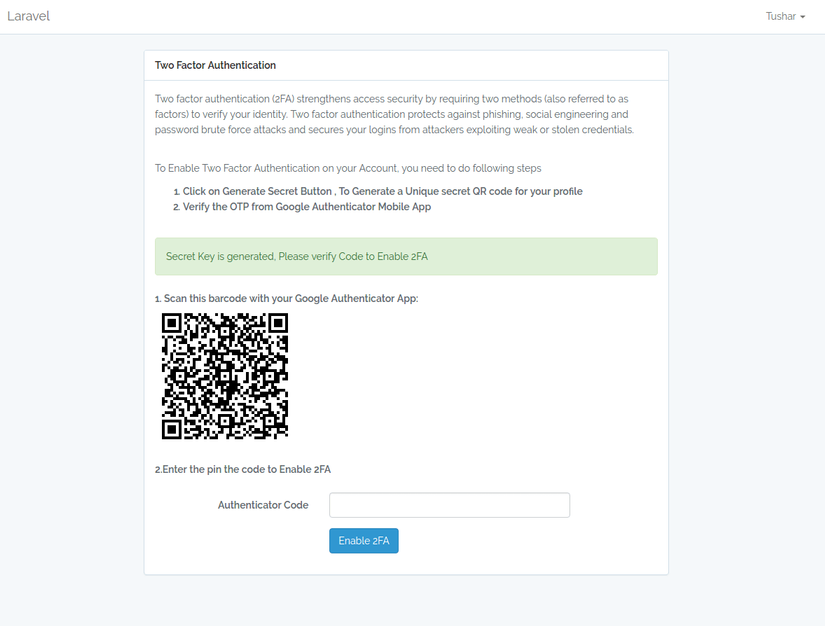 Laravel Enable 2FA Step 2