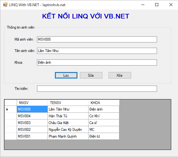 kết nối thêm xóa sửa tìm kiếm linq với sql sử dụng vb.net