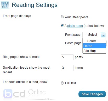 Tùy chọn page template home trong Reading Settings