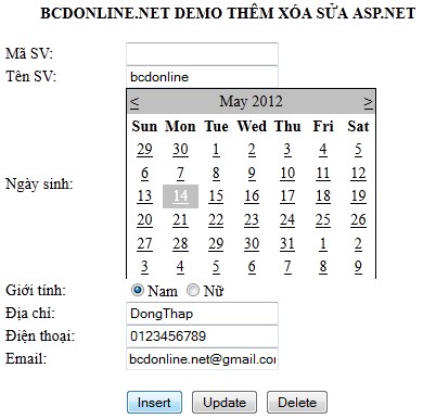 Giao diện demo thêm xóa sửa  trong ASP.Net