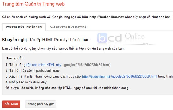 Tải file xác minh chủ quyền website trong google webmaster tool